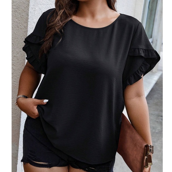 Plus Burgundy Solid Ruffle Petal Short Sleeve Top - Picture 4 of 15